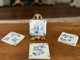 Vintage Miniature Dollhouse 4 Painted Blue White Porcelain French Kitchen Tiles