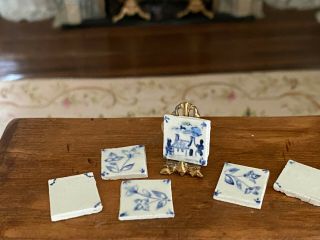 Vintage Miniature Dollhouse 6 Painted Blue White Porcelain French Kitchen Tiles