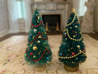 Vintage Miniature Dollhouse 2 Decorated Table Top Christmas Bottle Brush Trees