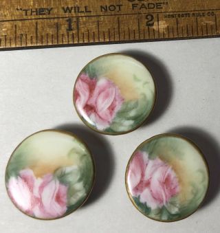3 Large Vintage Hand Painted Porcelain Stud Buttons Pink Roses