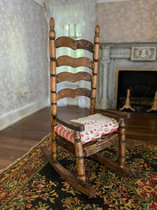 Vintage Miniature Dollhouse Artisan Old Country Ladder Back Turned Rocking Chair