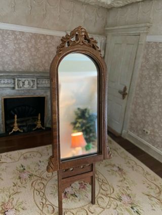 Vintage Miniature Dollhouse Artisan Wooden Tall Wall Mirror Ornate Rounded Top