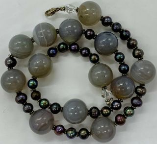 Vintage Sterling Silver Gray Moonstone Crystal Black Pearl Bead Necklace Rare