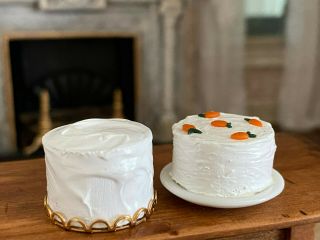 Vintage Miniature Dollhouse Artisan Made Frosted White Cake & Carrot Cake French