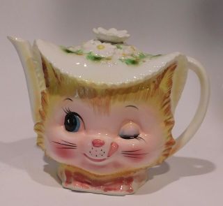 Rare Vintage Enesco Japan Winking Kitty Cat China Teapot Tea Pot
