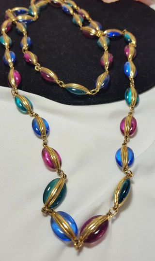 Vintage Swan Swarovski Crystal Jewel Pink Blue Green Long Rare Stunning Necklace