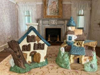 Vintage Miniature Dollhouse Pair Porcelain Haunted Houses Candle Holders Display