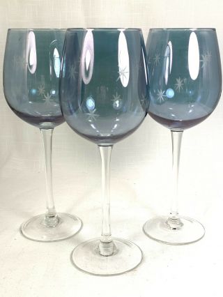 3 Rare Vintage Tall Iridescent Blue Etched Star Wine Glasses Stunning
