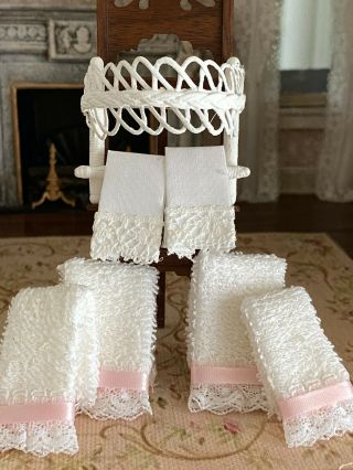 Vintage Miniature Dollhouse White Wicker Wall Shelf Bathroom Towels Pink White