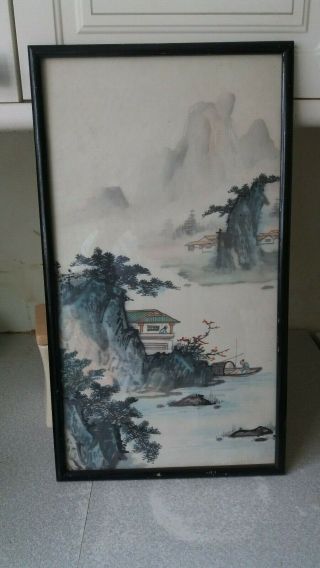 Vintage Japanese / Chinese Framed Glazed Silk Picture / Print - Mountain & Lake