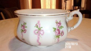 Vintage Large One Handled Chamber Pot Pink Bows & Roses Vashti E.  P.  P Co.