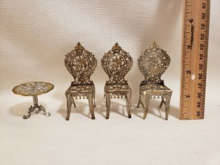 Vintage Dollhouse Miniatures Thin Metal 3 Chairs & Round Table