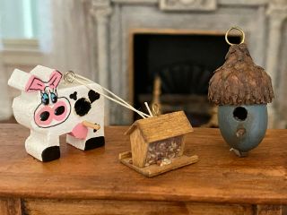 Vintage Miniature Dollhouse Trio Artisan Crafted Wood Bird Feeders With Seeds