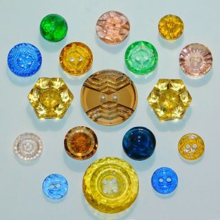 Antique Vtg Depression Glass Faceted Buttons Green Blue Pink Smoky Topaz Yellow