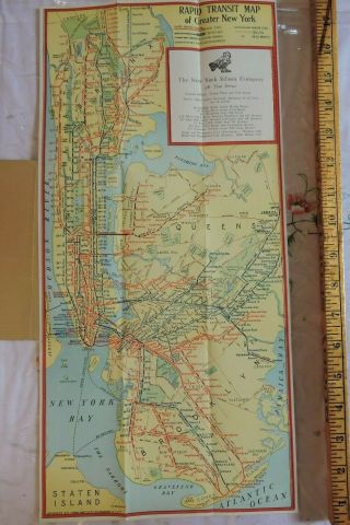 Rare 1923 Nyc Subway Rapid Transit 9x18 Pocket Map York City Tdbr