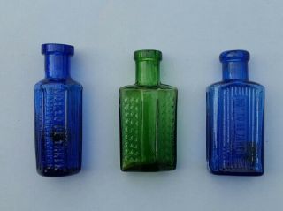 Tiny Antique Cobalt Blue Green Poison Bottle Apothecary Chemist Medicine X 3