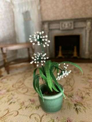 Vintage Miniature Dollhouse Artisan Flowering House Plant Porcelain Green Pot