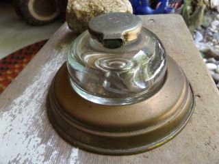Antique Early 1900s Glass Inkwell In Brass Base Made In England Mark