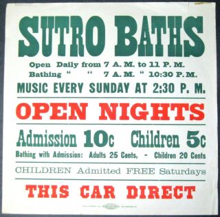 Sutro Baths Rare 17 " X 17 " Antique 1898 San Francisco Streetcar Poster