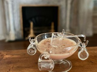 Vintage Miniature Dollhouse Artisan Glass Bowl Spiced Eggnog Ladle 4 Glasses Set