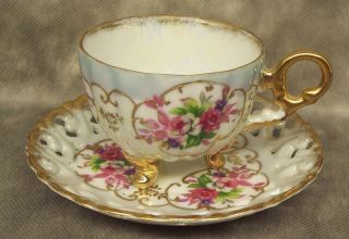 Tea Service Cup & Saucer Classica 22 Carat Gold Gilt Fruit Design Footed Tea Cup