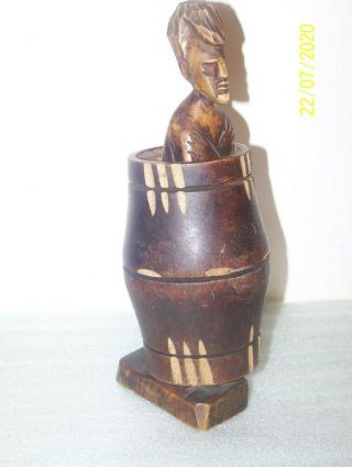Vintage Hand Carved Wood Naughty Man In A Barrel - Risque