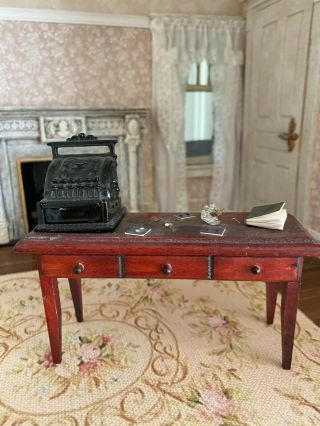 Vintage Miniature Dollhouse Artisan Table With Cash Register Ladies Shop Decor