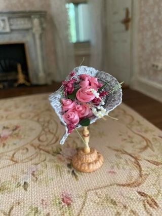 Vintage Miniature Dollhouse Artisan Made Victorian Summer Straw Hat Pink Grey
