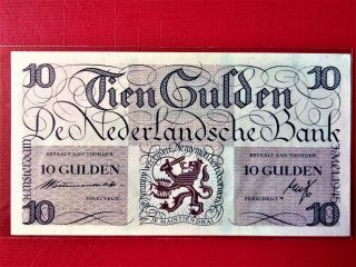 1945 Netherlands 10 Gulden Banknote @ Au (very Rare)