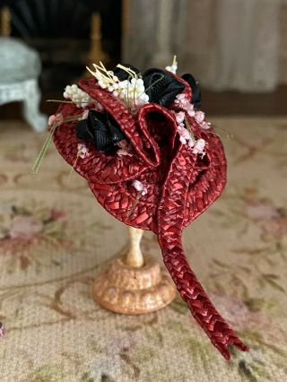 Vintage Miniature Dollhouse Artisan Made Victorian Summer Straw Hat Red & Black