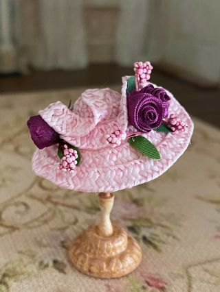 Vintage Miniature Dollhouse Artisan Made Victorian Summer Straw Hat Pink Purple
