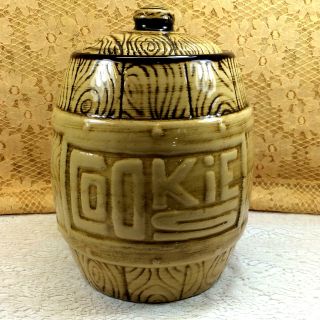 Vintage Brown Barrel Cookie Jar Ceramic Art Pottery Mid Century Modern Rare