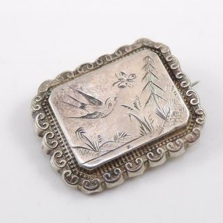 Vtg Antique Victorian Hand Chased Bird Scenic Sterling Silver Pin Brooch Lfd4