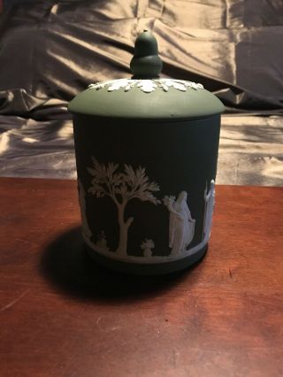Rare Antique Wedgwood Dark Green Jasper Ware Biscuit Jar With Cover