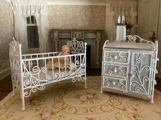 Vintage Miniature Dollhouse Artisan White Enamel Ornate Crib & Changing Table