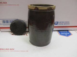 Antique Vintage Stoneware 1 Qt Canning Jar Crock Pottery With Metal Lid Top