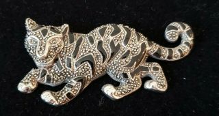 & Rare - Vintage 925 Sterling Silver Tiger Brooch Pin W/ Marcasites