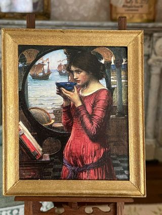 Vintage Miniature Dollhouse Artisan Textured Print Gold Gilt Frame Woman In Red