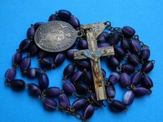 Antique French Monastery Rosary // Purple Glass Beads / St.  Aulin / Medard Medal
