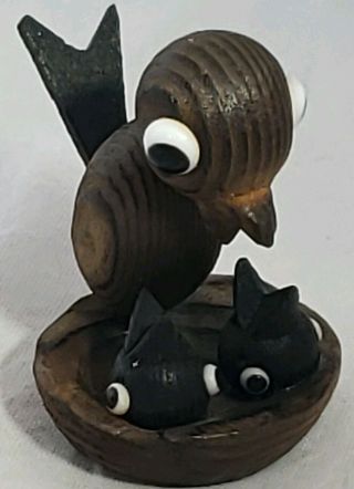 Vintage Cryptomeria Hand - Carved Wood Bird With Babies In Nest Japan