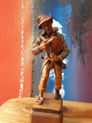 Antique Vintage Anri Hand Carved Wooden Figure Busker With Violin And Coin Rare