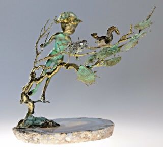 Vintage Signed Malcolm Moran Rare Bronze? Sculpture Boy Bird Nest Squirrel Tree