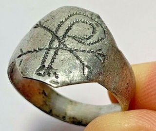 Scarce Ancient Byzantine Crusaders Silver Seal Ring With Heraldic Monogram 22mm