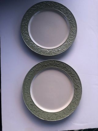 Two (2) Pier 1 Stoneware Antique Floral Sage Green Dinner Plates Pre - Owned