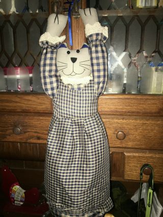 Rare Plastic Bag Sack Holder Country Cat Felines With Blue Gingham Dress