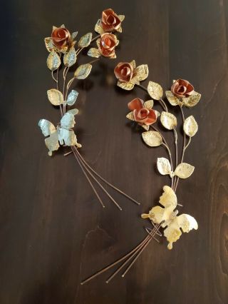 2 Vintage Copper And Gold Color Metal Rose& Butterfly Hanging Wall Art 20 " Each