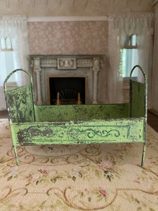 Antique Miniature French Dollhouse Distressed Chippy Spring Green Tin Bed 1920 