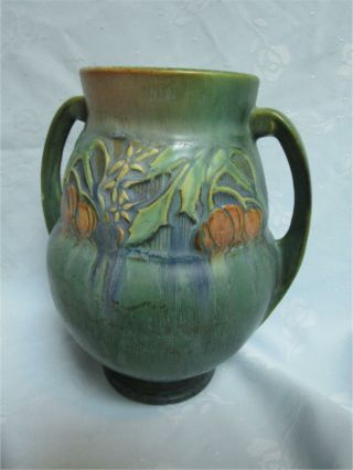 Rare Roseville Pottery 9 " Baneda Vase Matte Green Drip Handles 596 - 9