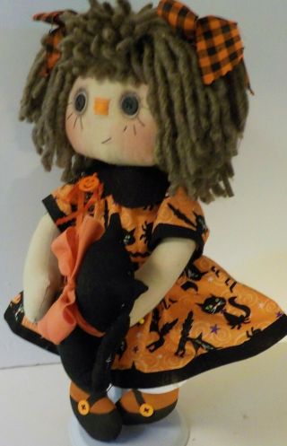 Prim Art Doll Raggedy Ann Doll Button Eye " Courtney With Kitty Handmade