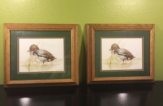 2 Rare Signed Joel Kirk Matted Teal Male Duck Oak Wood Framed Fine Art Print Set